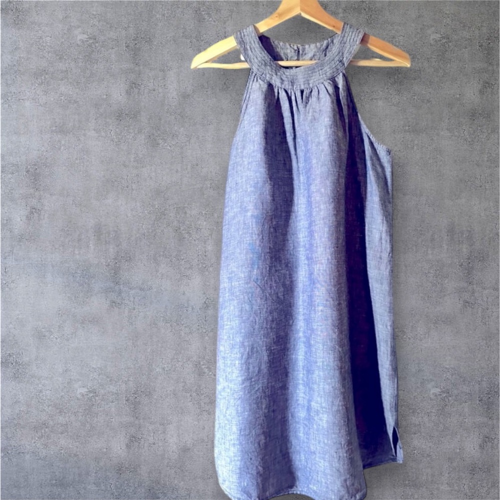 Sleeveless Blue 100% Linen Halter Mini Dress